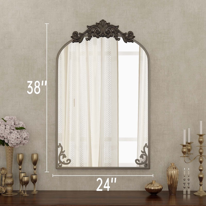Arched Baroque Bathroom Mirror with Bottom Floral Decor - Black - 24x38