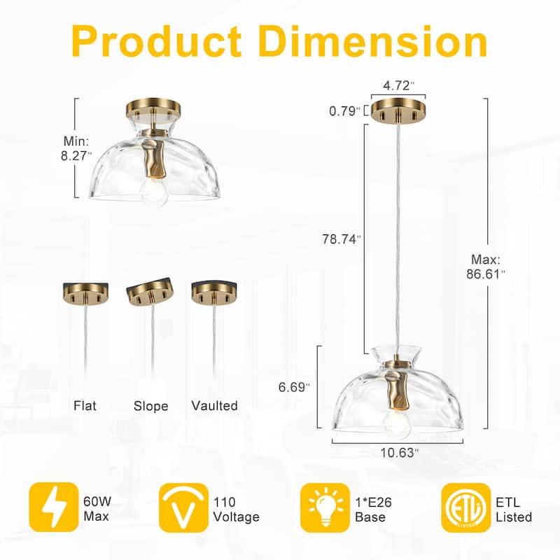 Modern Gold Semi-Circle Pendant Light with Clear Glass Shade Fixture - Dia.10.63-in