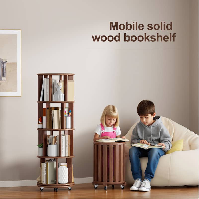 100%Solid Wood Rotating Bookshelf on Wheels, 4 Tier, Round Revolving Bookcase, 360°Spinning Book Shelf Tower