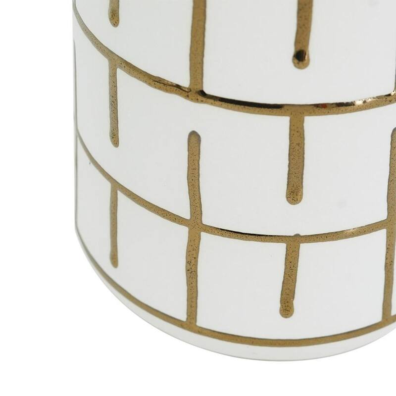 12" Ivory And Gold Geometric Cylindrical Ceramic Table Vase - 5.50