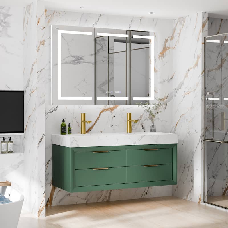 Modland 48" Wall-Mount Double Vanity with LED Light & 6 Drawers - Solid Oak, White / Green - 48 inch - Green