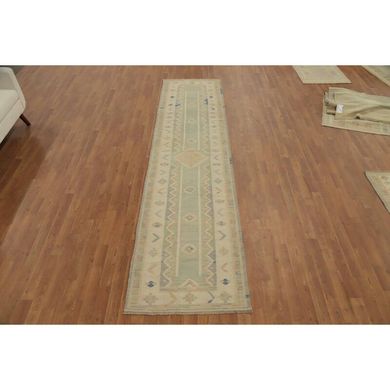 Hand Woven Oriental 100% Wool Carpet Southwestern Tribal Green Kilim Runner Rug - 11' 0'' X 2' 8''