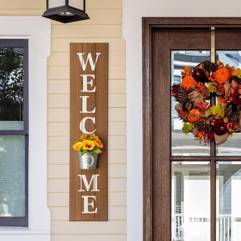 Glitzhome 42-inch Wooden Welcome Porch Sign Wall Decor with Metal Planter