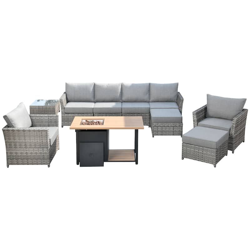 HOOOWOOO 10-piece Grey Wicker Patio Outdoor Furniture Set with Fire Pit