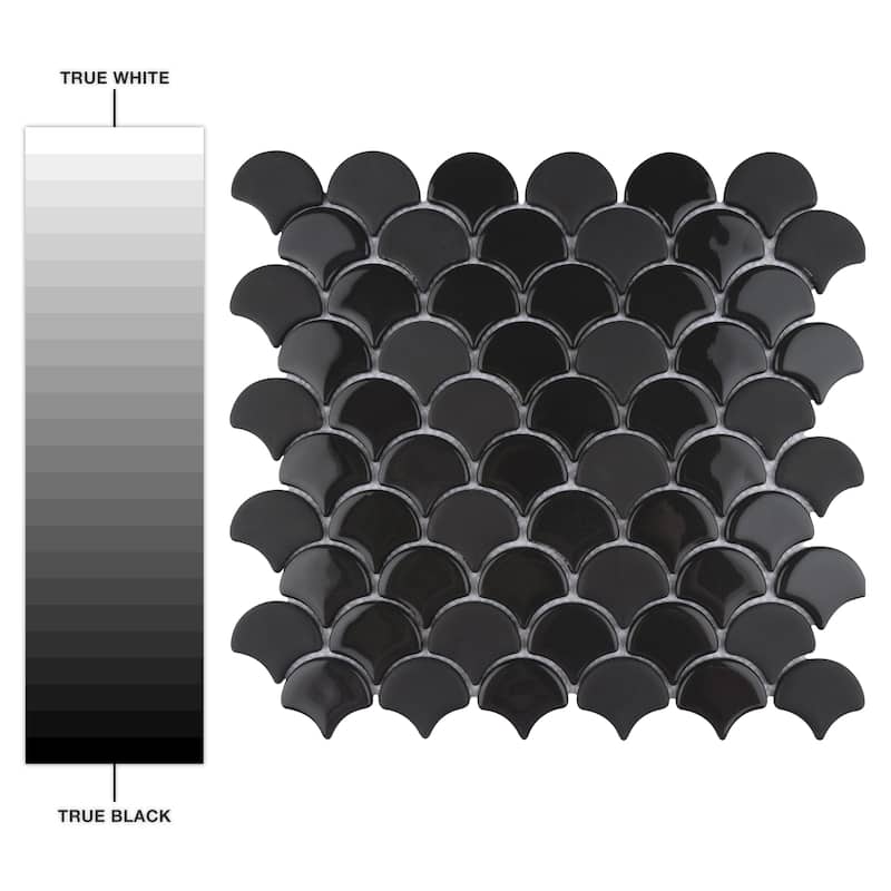 Merola Tile Expressions Scallop Black 11-1/4" x 12" Glass Mosaic Floor and Wall Tile