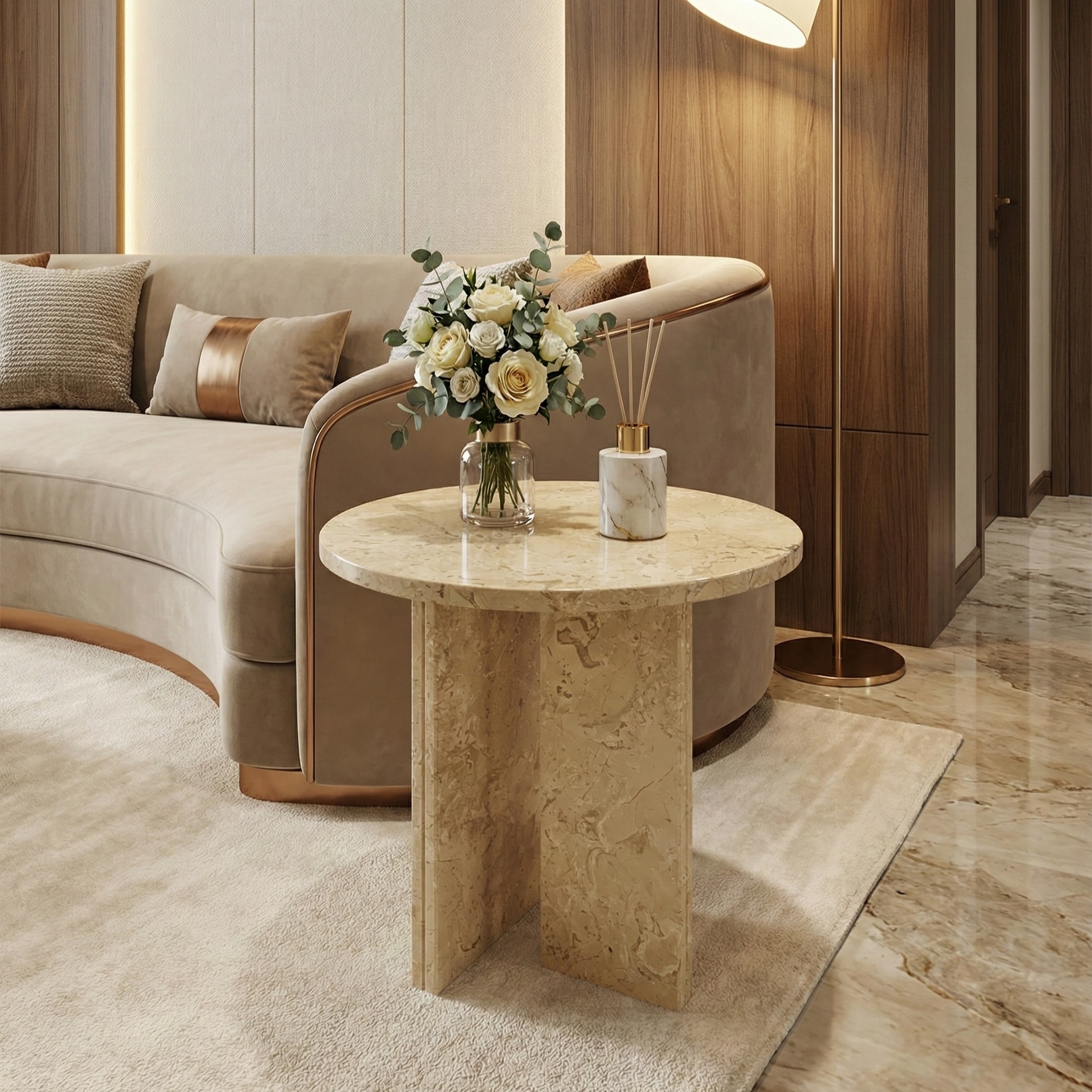 Roomfitters Round Marble Coffee Table, Natural Stone Side Table for Living Room, Solid Marble Accent Table