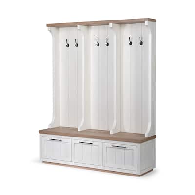 Fairview IV White & Light Brown Solid Wood w/ 3 Drawers Hall Tree