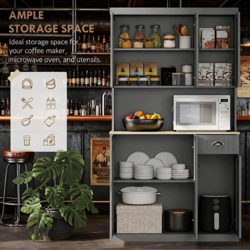 Large Kitchen Pantry Cabinet, 70.8" Wood Hutch Cabinet with Storage Drawers, Farmhouse Food Pantry with Microwave Stand