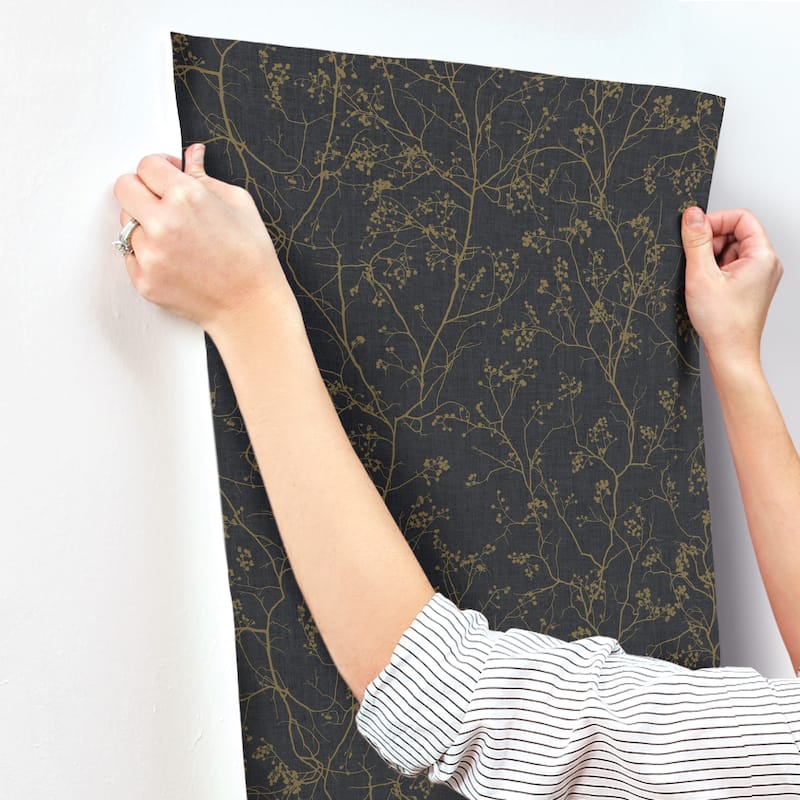 Grant Black/Gold Short Fiber Non-Woven Unpasted Botanical Luminous Branches Wallpaper Covers about 60.75 sq. ft.