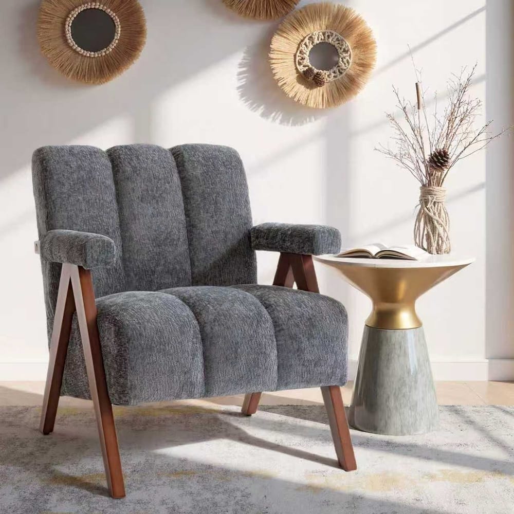Mid Century Modern Accent Chair, Chenille Armchair with Solid Wood Legs, Channel Tufted Comfy Reading Chair for Living Room