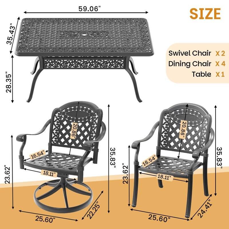 7-Piece Outdoor Dining Set with 1 Table and 6 Chairs, All-Weather Aluminum Outdoor Patio Sets