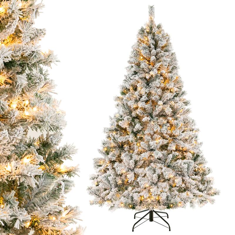 Gymax 6/7/8 FT Pre-Lit Snow-Flocked Xmas Tree 3-Minute-Setup