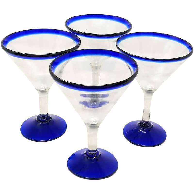 Dos Sueños Mexican Hand Blown Glass - Set of 4 Hand Blown Modern Margarita Glasses - Blue Rim (12 oz) - Blue