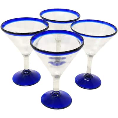 Dos Sueños Mexican Hand Blown Glass - Set of 4 Hand Blown Modern Margarita Glasses - Blue Rim (12 oz)