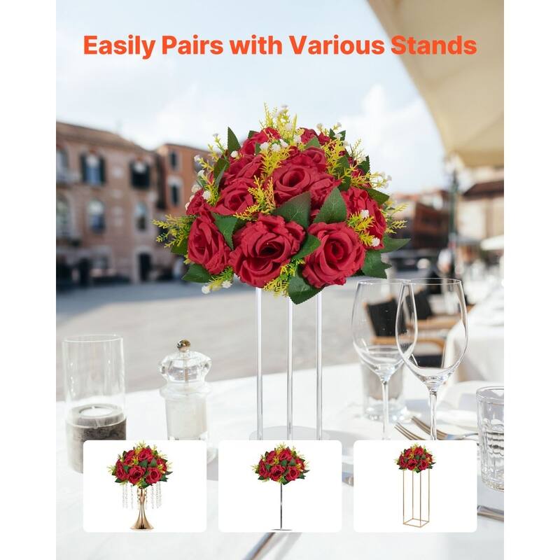 Red Silk Rose Flower Balls Set of 10 with Stable Base for Decor - 9.45 x 9.45 x 4.27 inch