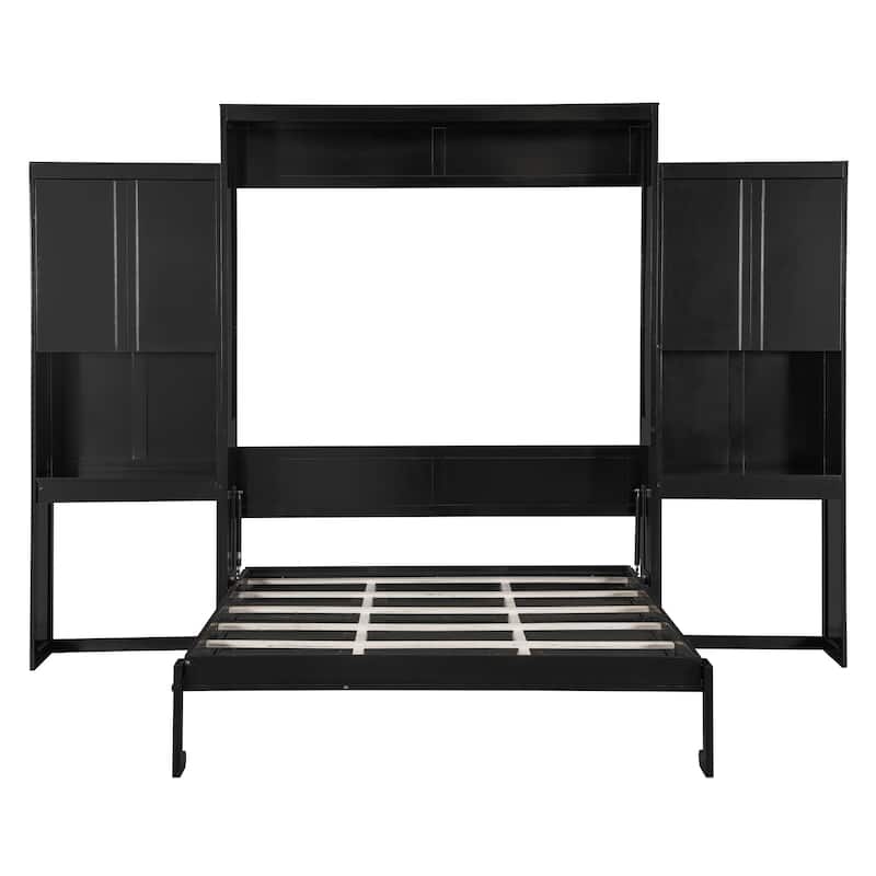 Queen Size Murphy Bed with Desk, Vanity and Cabinets, Espresso