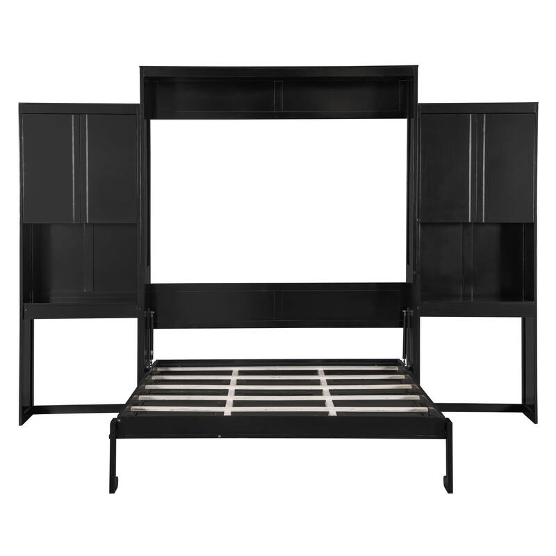 Queen Size Murphy Bed with Work Desk and Storage Cabinets, Wooden Foldable Wall Bed with Flip-Up Vanity for Bedroom Guest Room