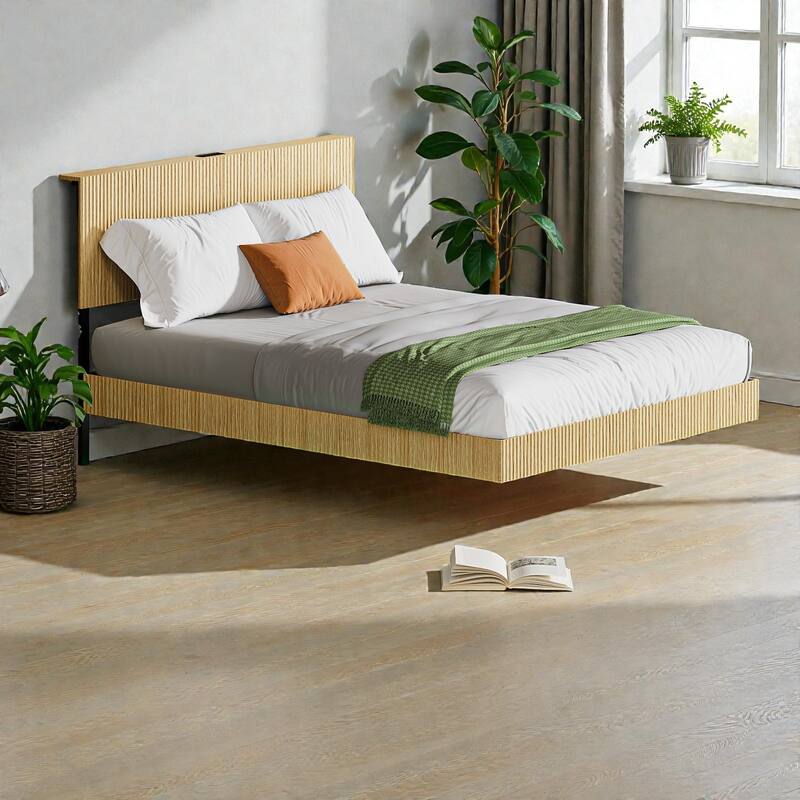 Queen Floating Bed Frame with LED Lights, Charging Station, Wavy Headboard and Heavy Metal Support, No Box Spring Needed