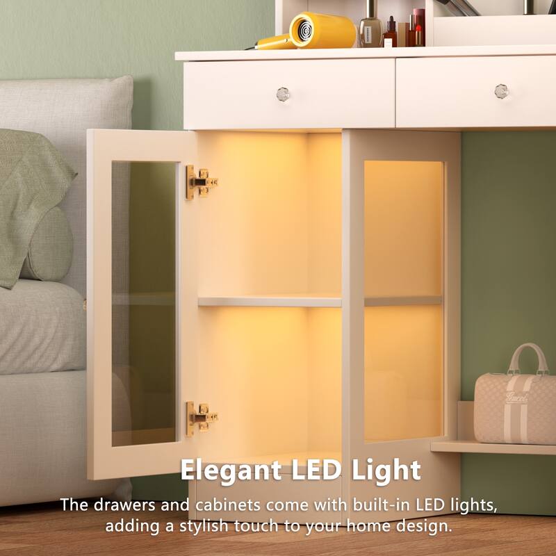 Vanity Desk with Glass Top, 3 Colors LED Lights & Mirror, Small Dressing Table with Power Outlet, 2 Drawers & Cabinet
