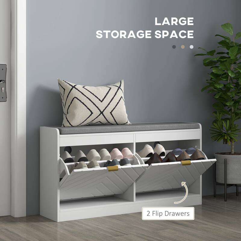 White Shoe Bench with Cushioned Seat and Tilt-Out Storage Drawers for Entryway or Hallway - 41.75" W x 9.5" D x 20.75" H