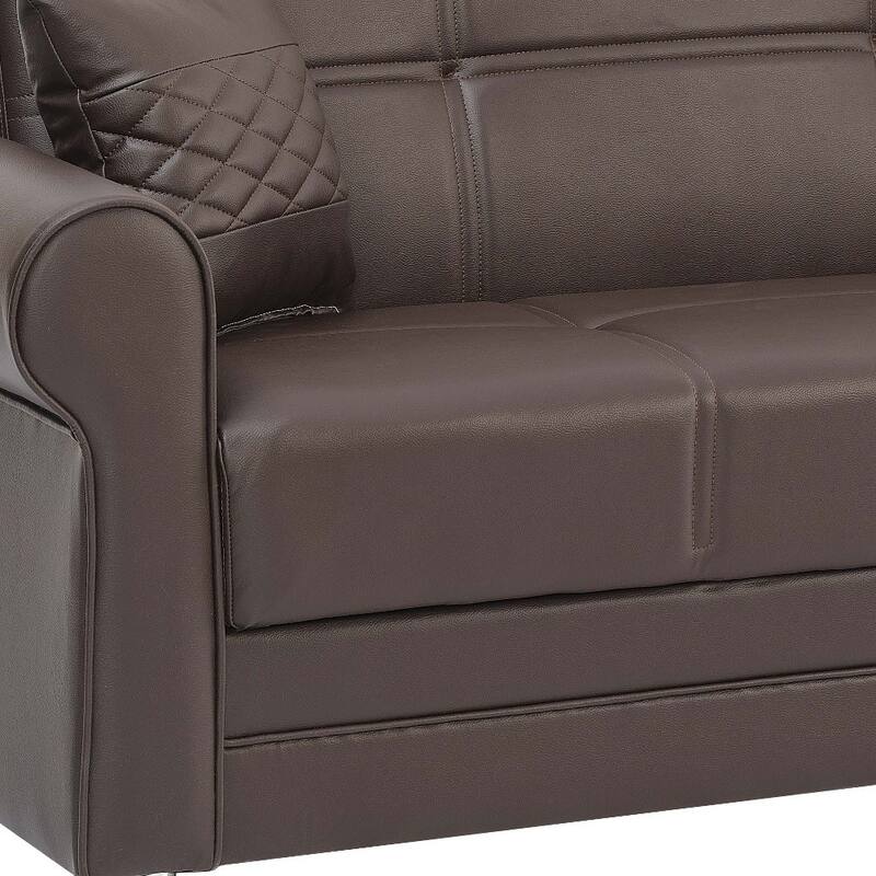 HomeRoots 89" Brown Faux Leather Convertible Futon Sleeper Sofa And Toss Pillows With Storage