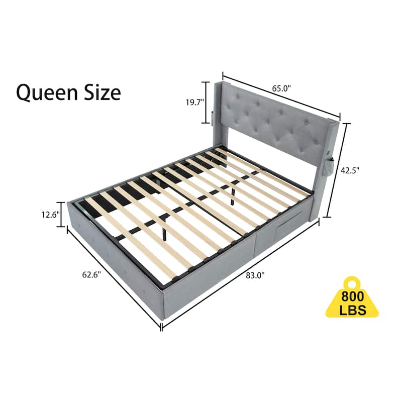 Wingback Upholstered Bed Low Profile Platform Bed Frame with USB Ports, Side Pockets and Hydraulic Lifting Storage