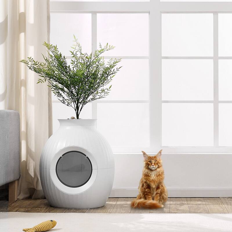 White Hidden Cat Litter Box with Artificial Plant and Plasma Odor Control System