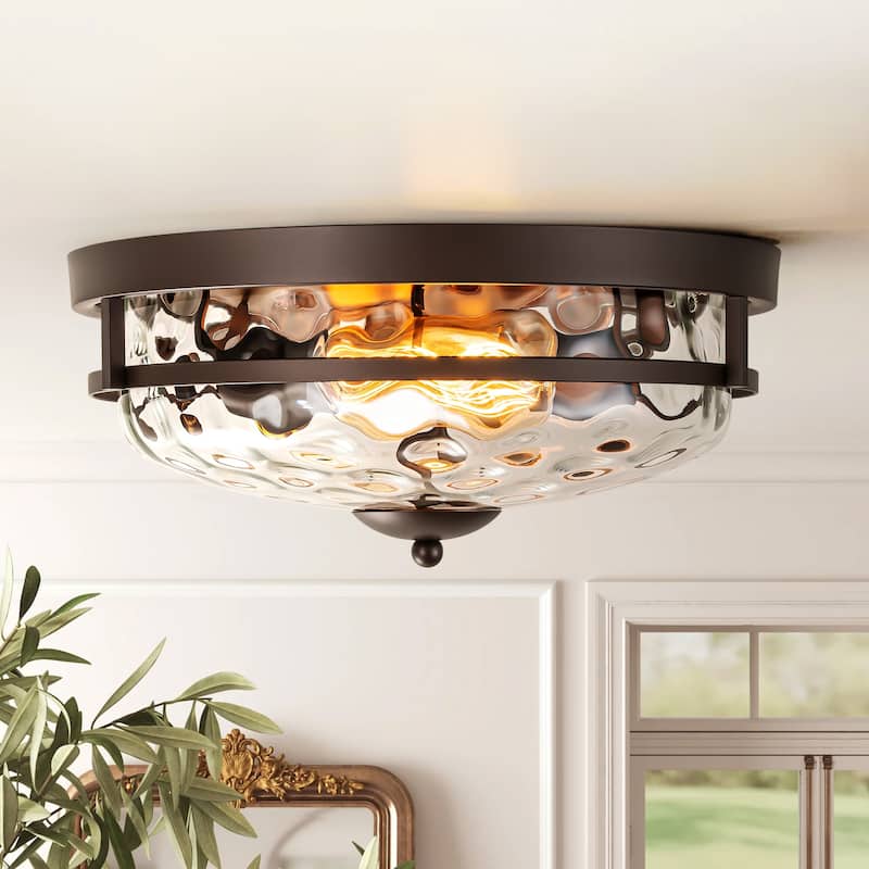 2-Light Modern Industrial ORB/Gold Ceiling Light Dome Cone Clear Water Rippled Glass Flush Mount Light