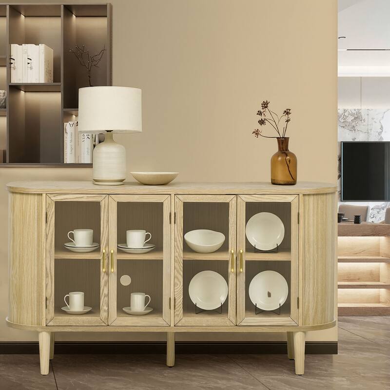 Classic Farmhouse Style Four Glass Door Wooden Sideboard with Cable Management Holes - Natural