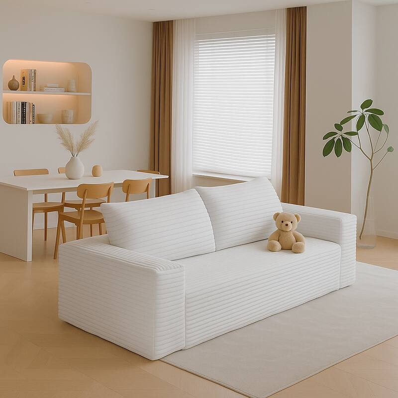 Modern Corduroy Fabric Upholstered Frameless Sofa Couch, For Apartment Living Room Den Entertainment Room - White - 63.04" Wide