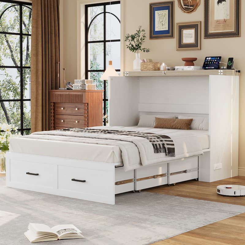 Full Size Farmhouse Murphy Cabinet Bed with Charging Station, Foldable Platform Bed with Large Storage Drawer, White
