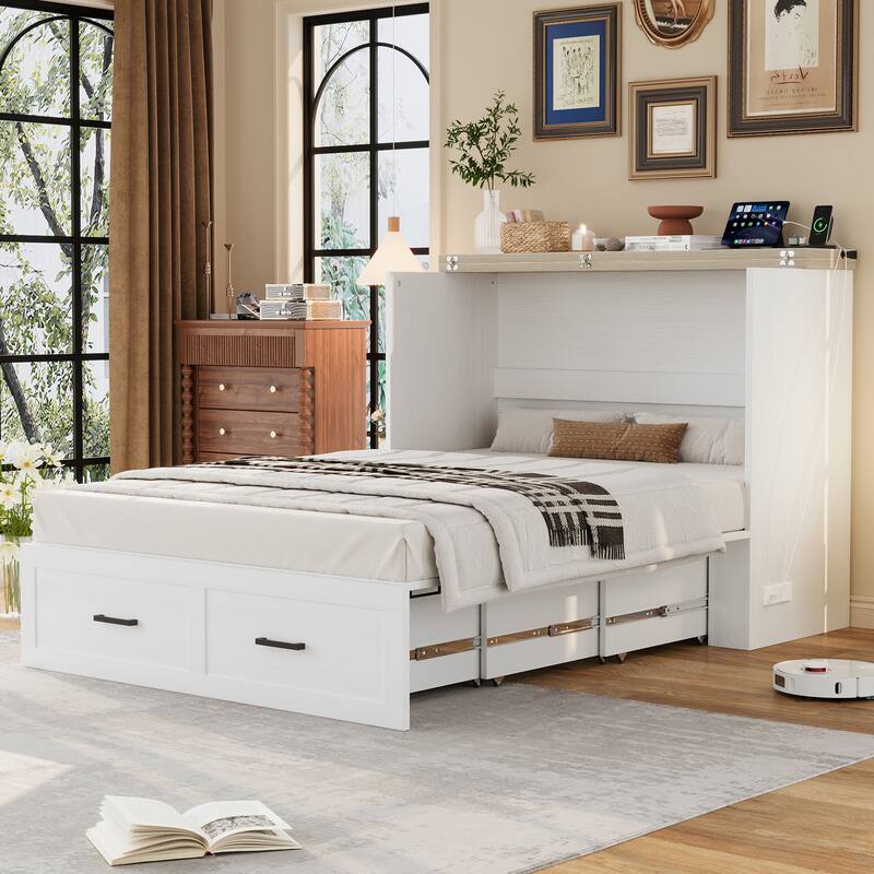Roomfitters Queen/Full Size Farmhouse Murphy Cabinet Bed with Charging Station, Foldable Platform Bed with Large Storage