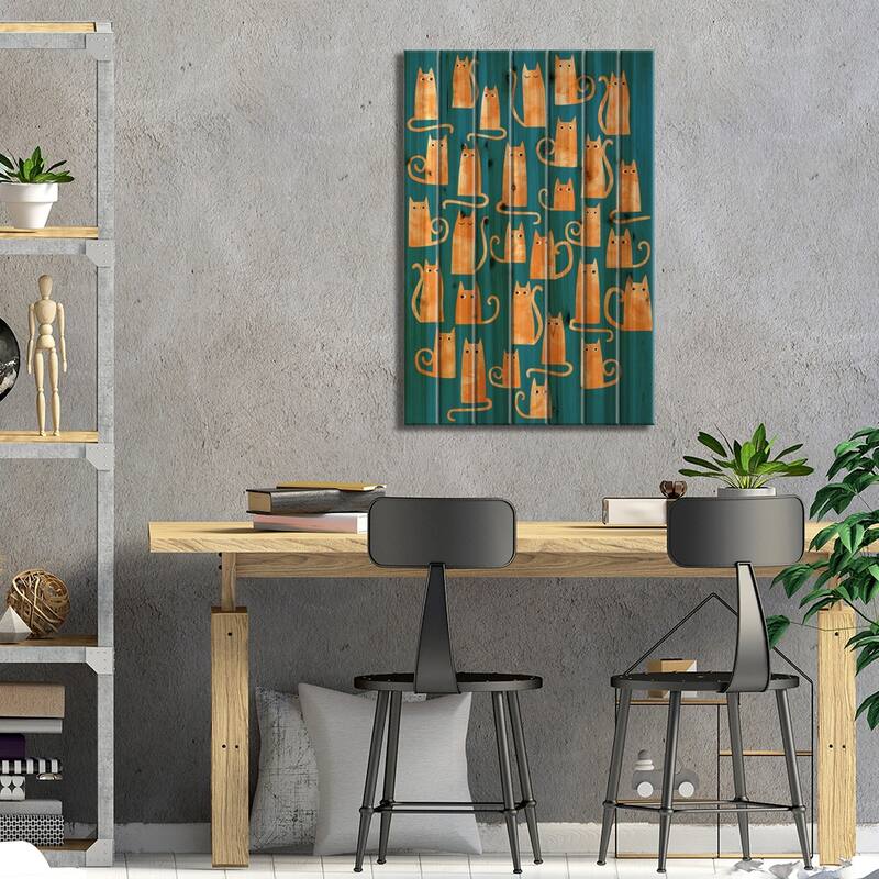 Ginger Cats Watercolor Teal Print On Wood by Nic Squirrell - Multi-Color