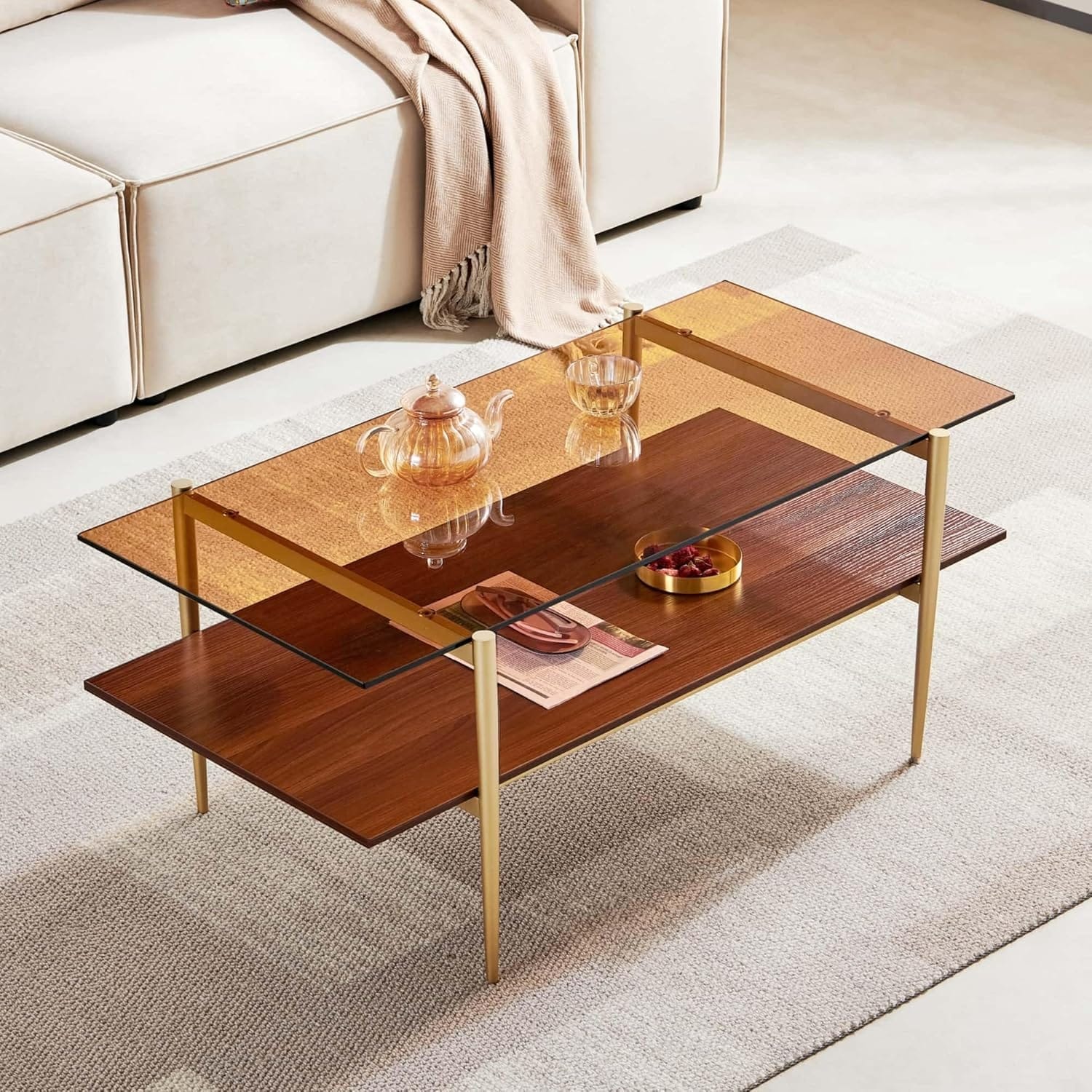Glass Coffee Table with Gold Legs, Brown Top & Walnut Shelf, 41" Modern Design