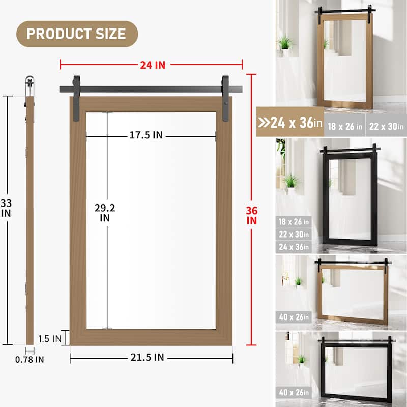Modern Wall Mirrors, Rectangular Mirror with Wood Framed, Bathroom Mirror Barn Mirror Barn Door Mirror with Multi Size