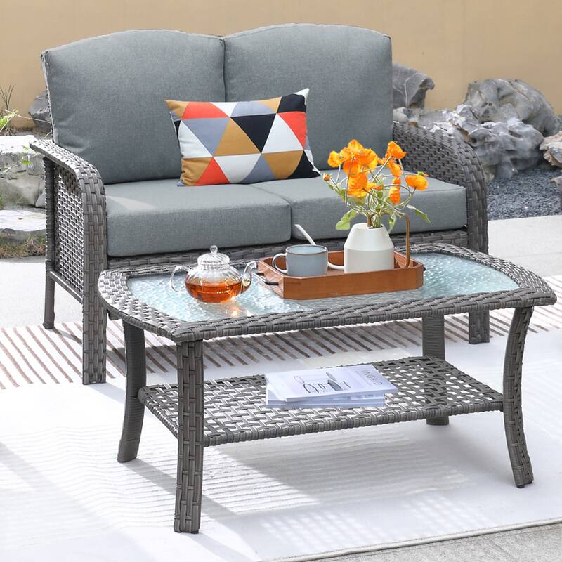XIZZI 2-piece Outdoor Furniture Wicker Loveseat Sofa Set with Coffee Table - Dark Grey