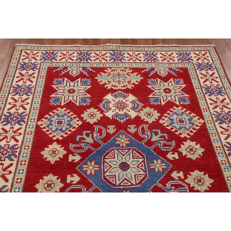 Red Geometric Kazak Oriental Area Rug Handmade Traditional Wool Carpet - 4'11" x 6'6"