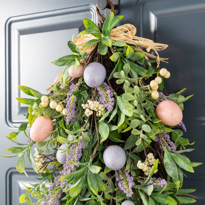 Glitzhome 28"H Easter Egg & Lavender Teardrop Swag Door Hanger