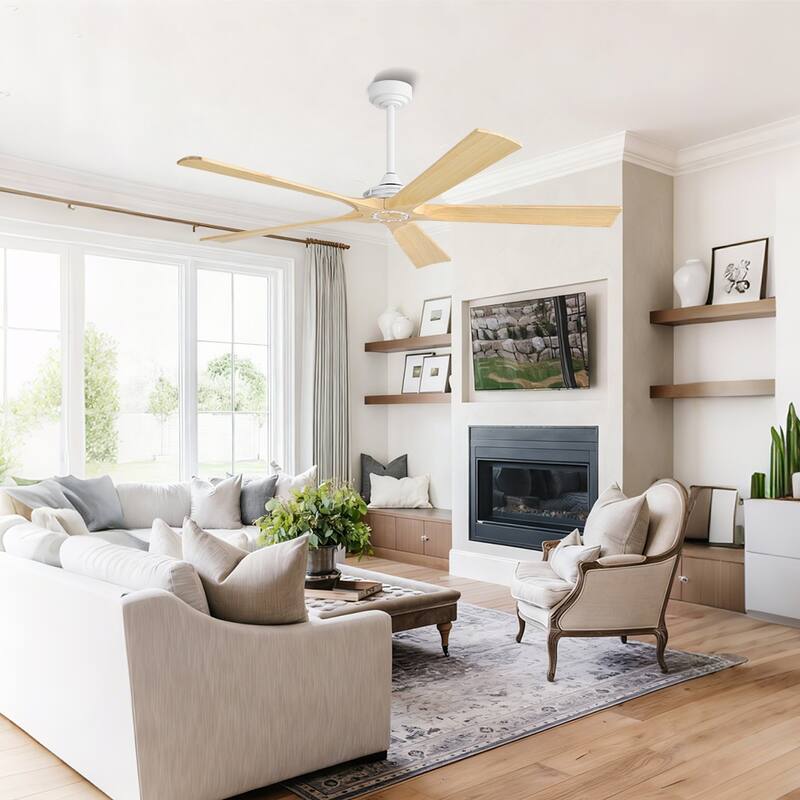MLiAN 60 in 5-Soild Wood Blades Indoor Standard Ceiling Fan with Remote Down-Rod Mount - Natural Wood Grain/White