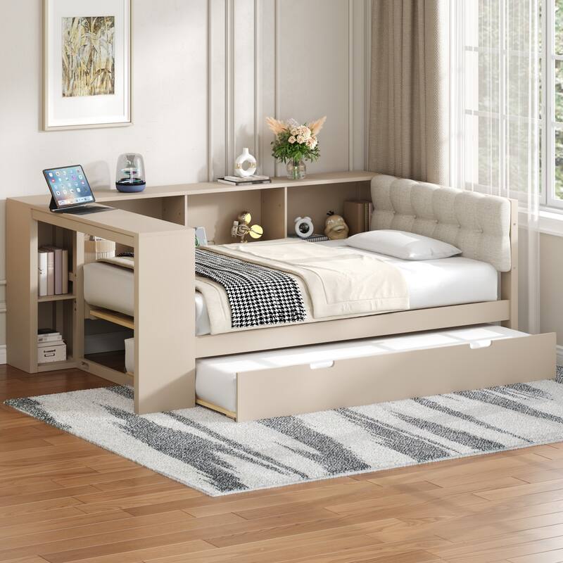 Wood Full/Twin Platform Bed with Storage Shelves, Trundle, Charging Station & Upholstered Headboard