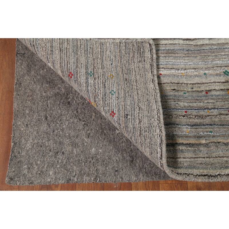 Striped Gabbeh Square Rug Hand-Knotted Gray Wool Carpet - 7'11"x 7'11"