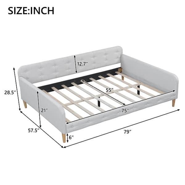 dimension image slide 2 of 6, Tufted Upholstered Daybed with 4 Solid Pine Legs, Linen Fabric Sofa Bed Frame, Wooden Slat Support, Easy Assemble