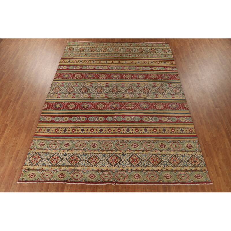 Striped Kazak Oriental Area Rug Hand-Knotted Wool Carpet - 9'10"x 13'2"