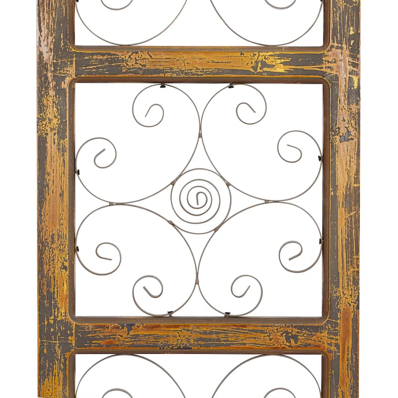 Brown Wood Distressed Panel Scroll Home Wall Decor with Bronze Metal Scrollwork