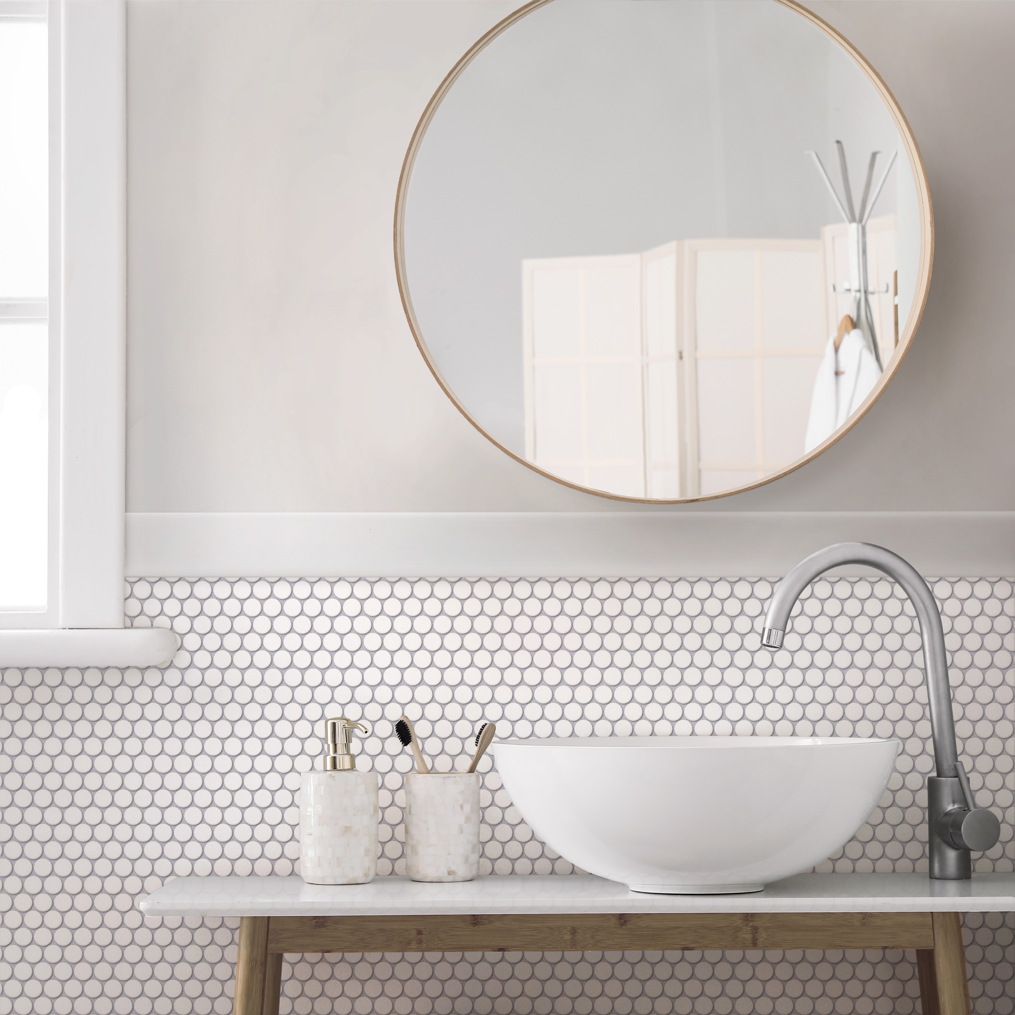 Merola Tile Hudson Penny Round Matte White 11-7/8" x 12-5/8" Porcelain Floor and Wall Tile
