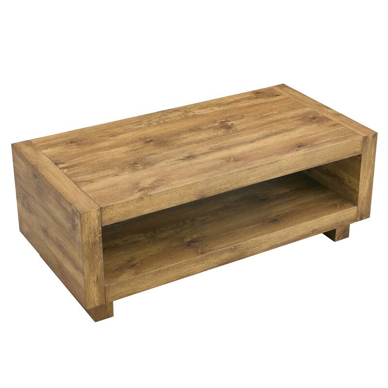 Mid-century Minimalist Rectangular Wooden Coffee Table with Shelf