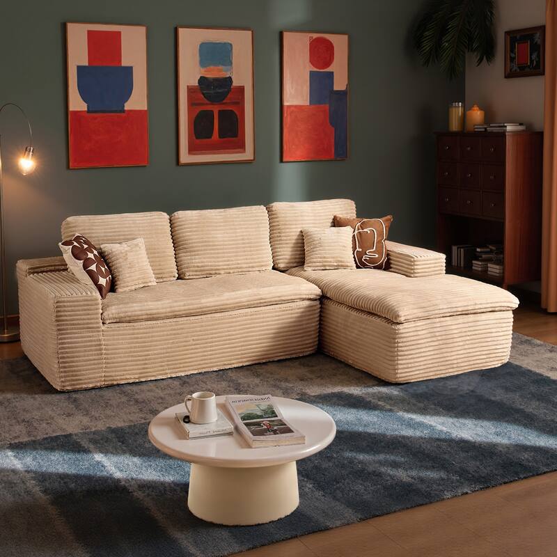 HOOOWOOO Upholstered Fabric Sectional Sofa Couch with Chaise - Plush-Beige