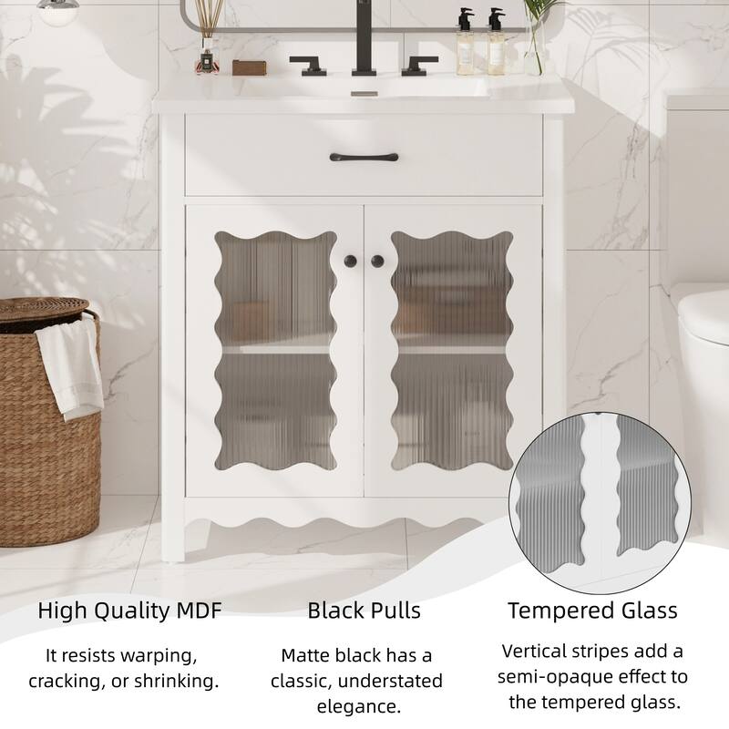 31" Bathroom Vanity with Tempered Glass, Ceramic Sink, Rubber Wood Legs & Soft-Close Doors