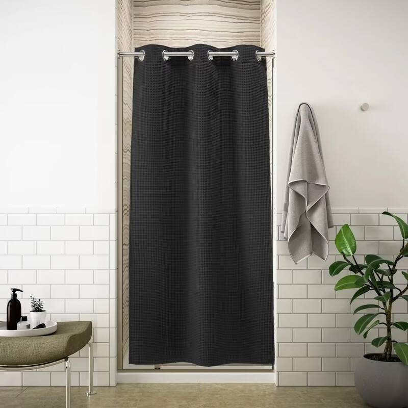 No Hook Cotton Blend Waffle Shower Curtain with Snap-in Liner