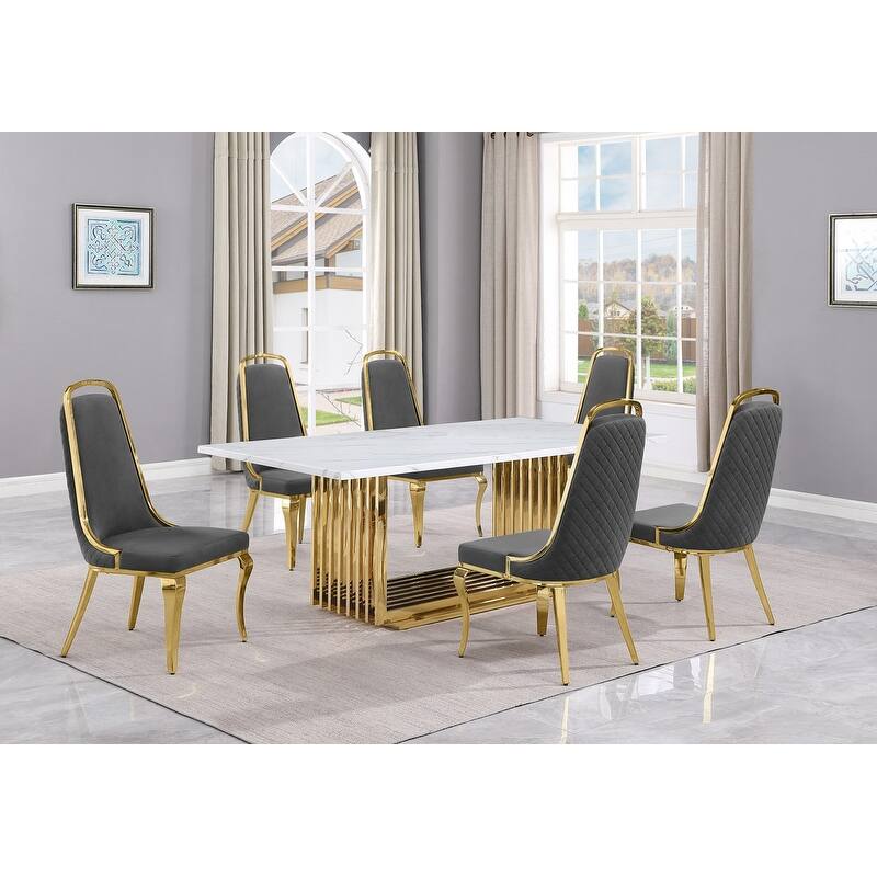 Best Quality Furniture D312/3-SC310-7 Dining Set with 79" White Marble Top - 7-Piece - Dark Grey / Gold